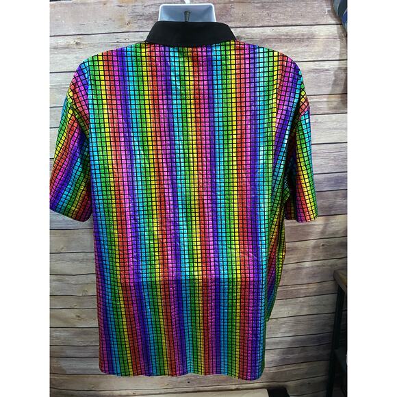 Men's Metalic Disco Rainbow Short Sleeve Button Shirt 2XL  27x30 - Picture 2 of 8